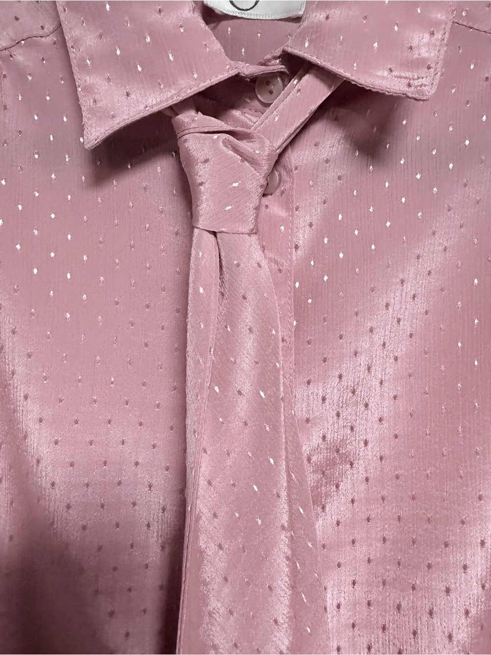 Vintage 1970s/80s Mauve Bow Secretary Blouse Silky Pin-Dot *size note* Romantic - Picture 8 of 15